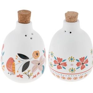 Karma Ava salt & pepper shakers-bird & flowers on stoneware w/corks-NWT